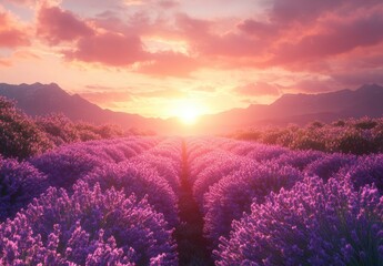 Fototapeta premium Breathtaking Sunset Over Lavender Fields with Mountains in the Background, Creating a Serene and Colorful Scene in Nature's Splendor