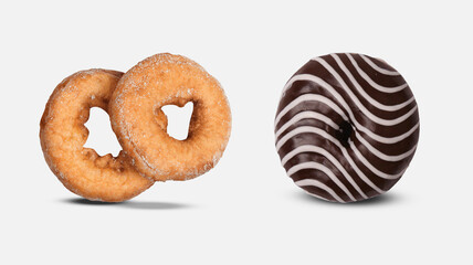 A delicious assortment of donuts, featuring chocolate, pink glaze, and classic sugar-coated varieties. Presented stylishly on a modern plate, this mouthwatering selection is perfect for dessert lovers