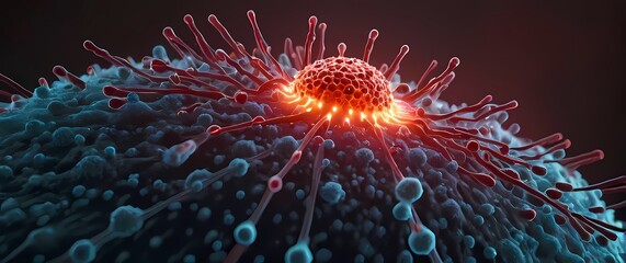 Highdetail rendering of HIV virus particles attacking a Tcell