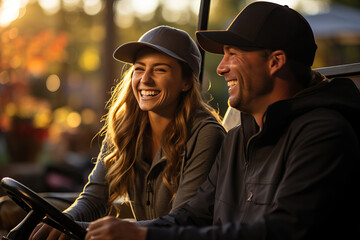 Two golfers are sitting on a golf cart and smiling.