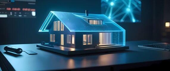 Holographic design tool showing a D model of a futuristic home being edited in realtime