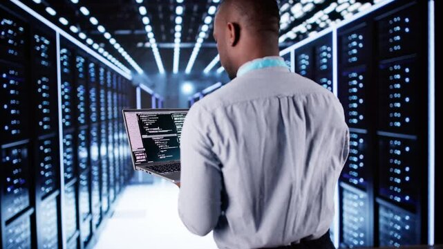 Happy Engineer In Data Center Server Room Configuring AI