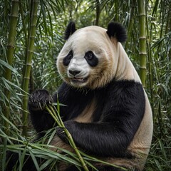 Obraz premium A panda peacefully munching bamboo in a serene bamboo forest.
