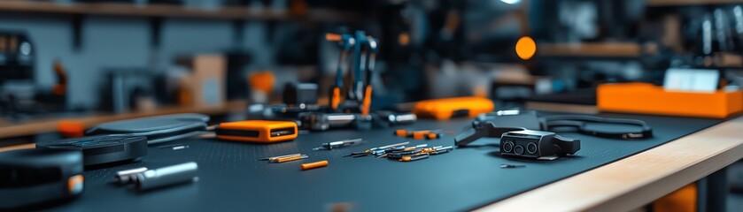 A drone repair bench with antistatic mats, fine tweezers, and diagnostic equipment