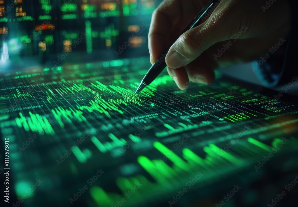 Poster close-up of a business professional analyzing data with a digital pen on a glowing screen displaying