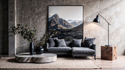 Generative AI, Contemporary living room with charcoal velvet sofa and dramatic mountain artwork