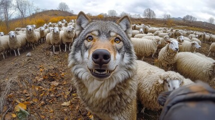 A wolf taking a selfie among a flock of sheep, symbolizing duplicity, deceit, and the situation where an enemy pretends to be a friend. The scene is filled with irony and allegory