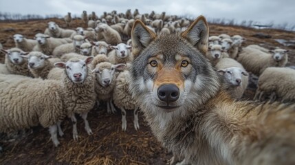 Fototapeta premium A wolf taking a selfie among a flock of sheep, symbolizing duplicity, deceit, and the situation where an enemy pretends to be a friend. The scene is filled with irony and allegory