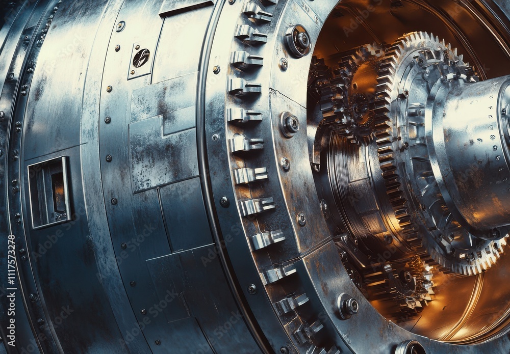Poster close-up of a complex industrial engine component showcasing intricate mechanical gears and metallic