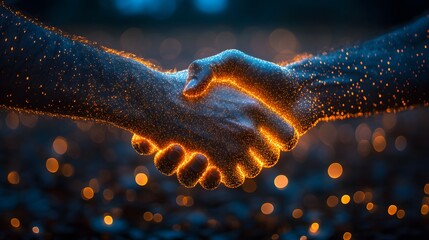  Business Network Concept with Customer Support and Handshake, Digital Technology Connecting People, Evening Mood, Partnership and Collaboration Theme 