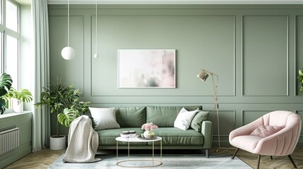Trendy living room with sage green walls, blush pink decor elements, and clean lines, capturing serene elegance