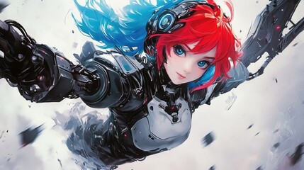 Anime-style illustration of a blue- and red-haired anime girl with robotic body parts, wearing dark metal gear