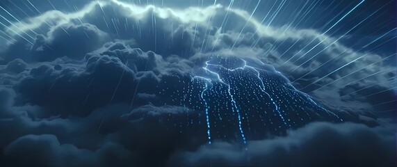 Holographic weather forecast with animated clouds rain and wind patterns