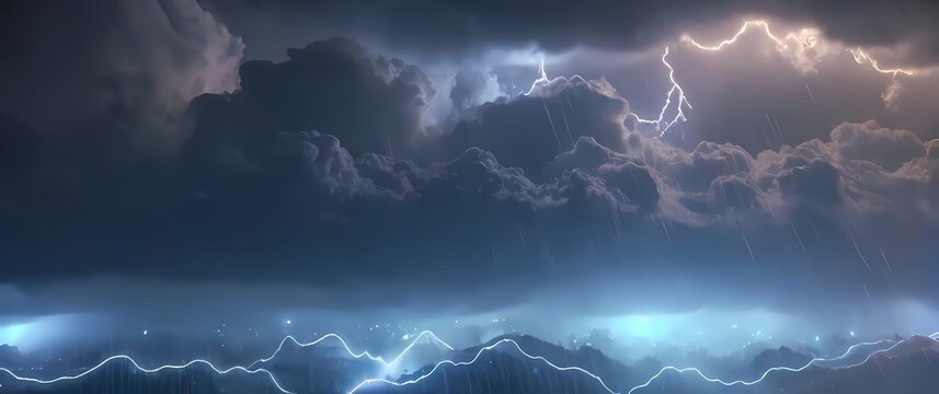 Holographic weather forecast with animated clouds rain and wind patterns