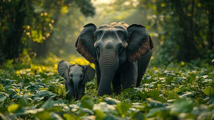 Fototapeta premium Mother Elephant Embracing Baby in Lush Forest