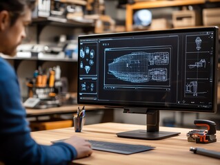 Fototapeta premium A holographic blueprint projector integrated into a workbench, displaying 3D designs for reference