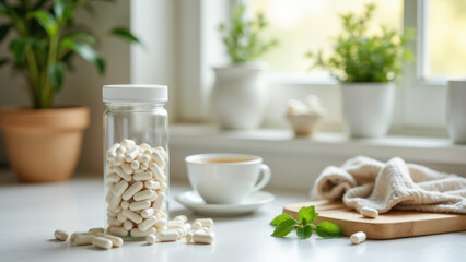 Magnesium supplement capsules on a kitchen countertop with sunlight streaming through a window.