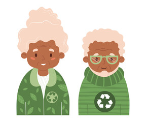 Happy elderly. Stylish old woman and man in fashionable clothes from recycling textile. Eco friendly clothing sustainable fashion and ecology lifestyle. Vector Isolated pensioner character on white