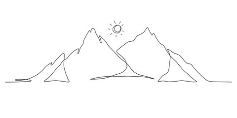 Simple Mountain in One Continuous Art Line. Trendy scenic mounts, wall art background. Black and white landscape design for fabric, prints, and wall art. Simple line drawing of one line mountain