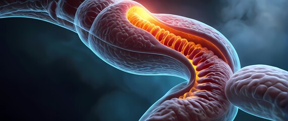 Illustration of the pancreas releasing enzymes into the digestive tract