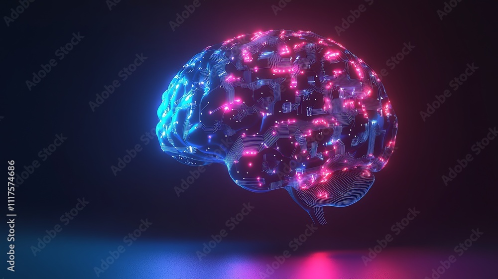 Aufkleber a 3d rendering of a human brain with glowing circuitry.