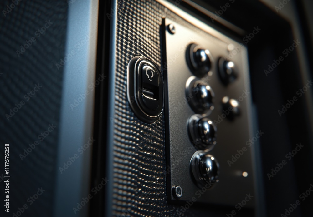 Poster close-up view of modern control panel with multiple buttons and lock feature on textured background 
