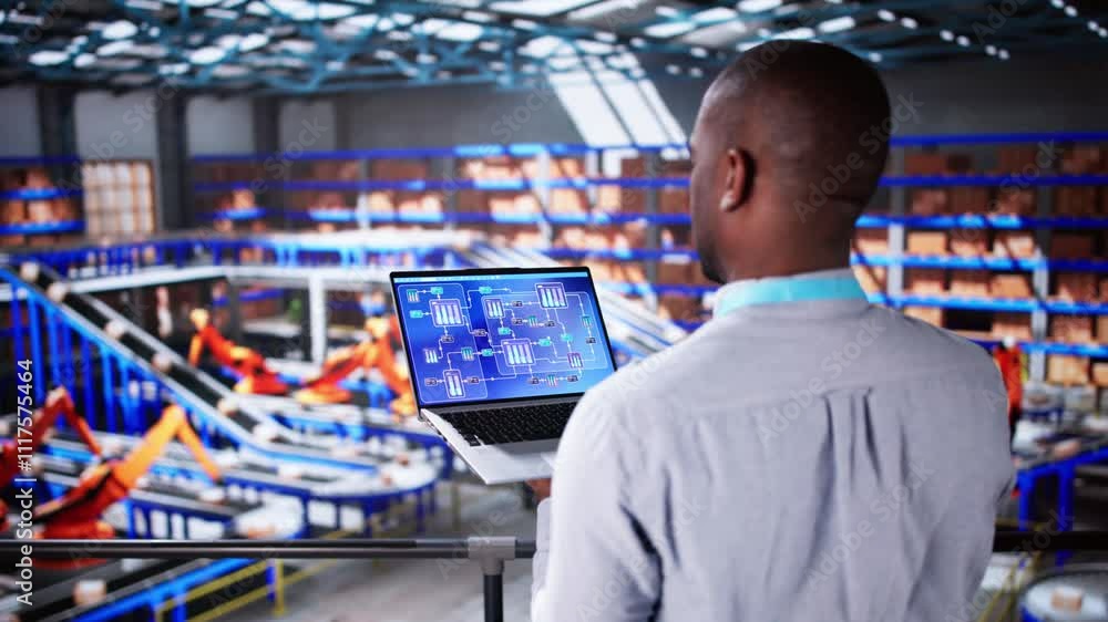 Poster Engineer Worker Using Warehouse Automation Dashboard