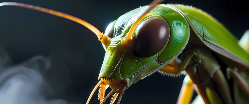 Macro shot of a praying mantiss face emphasizing its alienlike features