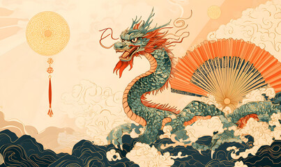 Vibrant Chinese Dragon Doodles, Playful and Whimsical 2D Illustrations for Posters, Tags, and Banners.