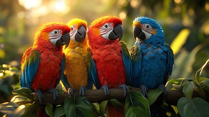 Vibrant Parrots Perched Among Lush Greenery