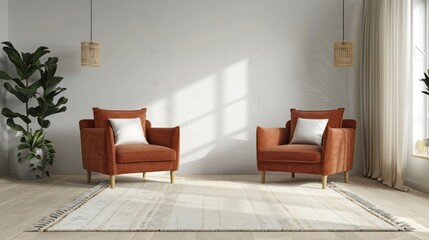 Trendy living room with terracotta armchairs, cream rug, and minimalistic design elements