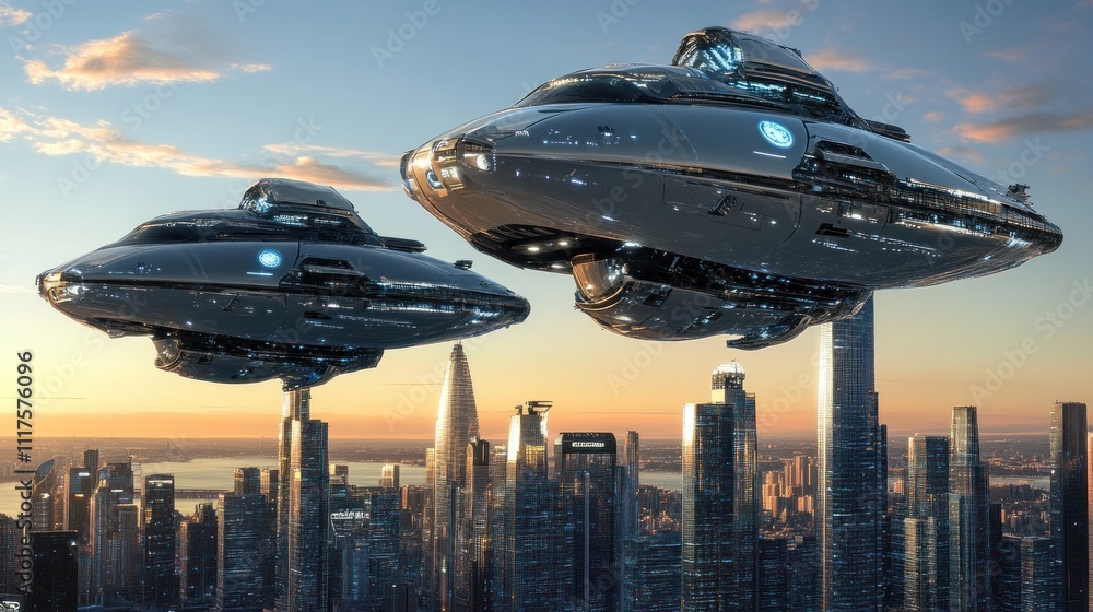 Poster futuristic spaceships hovering over a modern cityscape