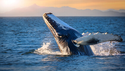 Fototapeta premium Breaching Whale in Polluted Waters: A Stark Wake-Up Call