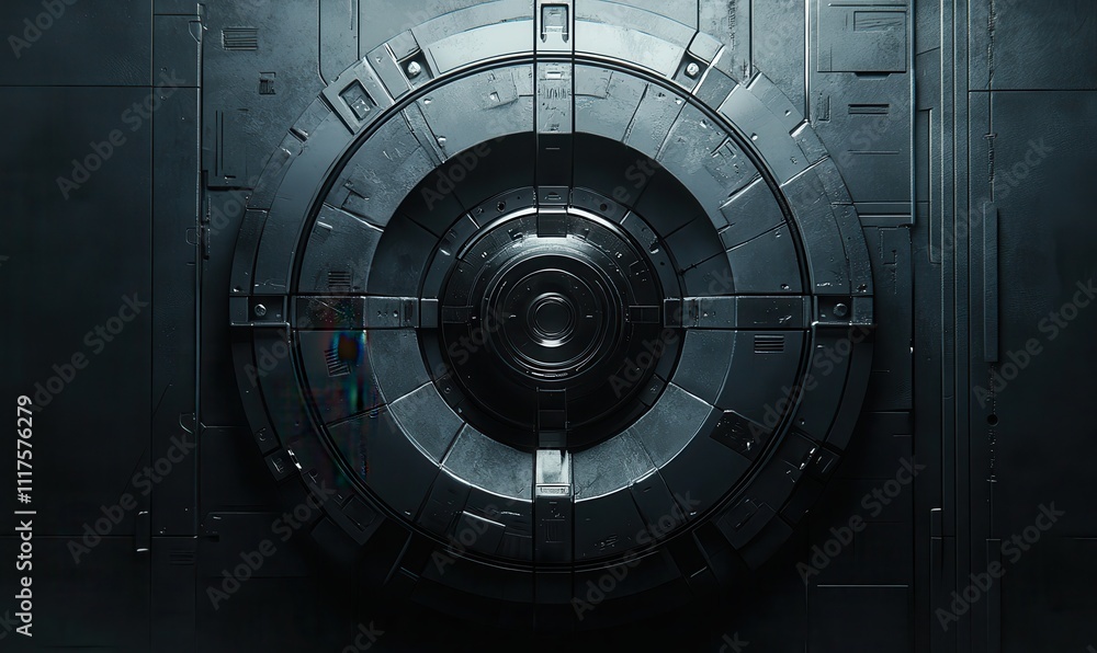 Poster dark and futuristic vault door design with metallic finish surrounded by a textured wall, ideal for 