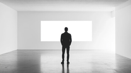 Obraz premium Silhouette of a person standing in a minimalistic gallery, observing a brightly lit, large rectangular display in an empty white room.