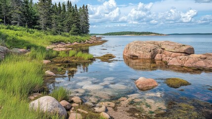 Coastal Rocks and Grassy Shore Meet Calm Ocean Waters