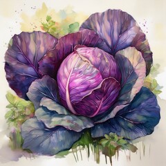 A breathtaking watercolor illustration showcasing a beautiful purple cabbage, ideal for ecobranding and food blogs