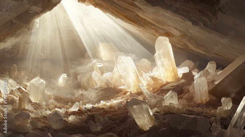 Poster sunlit cave filled with sparkling crystal formations