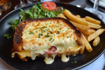 A close-up of a croque monsieur served with a side of french fries and a side salad