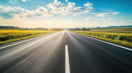 Naklejka premium Long empty road stretches through picturesque countryside, flanked by vibrant green fields under a bright blue sky with scattered clouds.