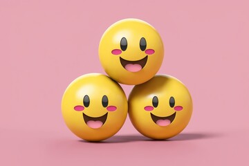 Fototapeta premium Three 3D rendered smiling emojis stacked in a triangle on a pink background