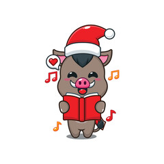 Cute boar sing a christmas song. Cartoon vector illustration in Christmas day.