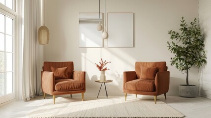 Trendy living room with terracotta armchairs, cream rug, and minimalistic design elements