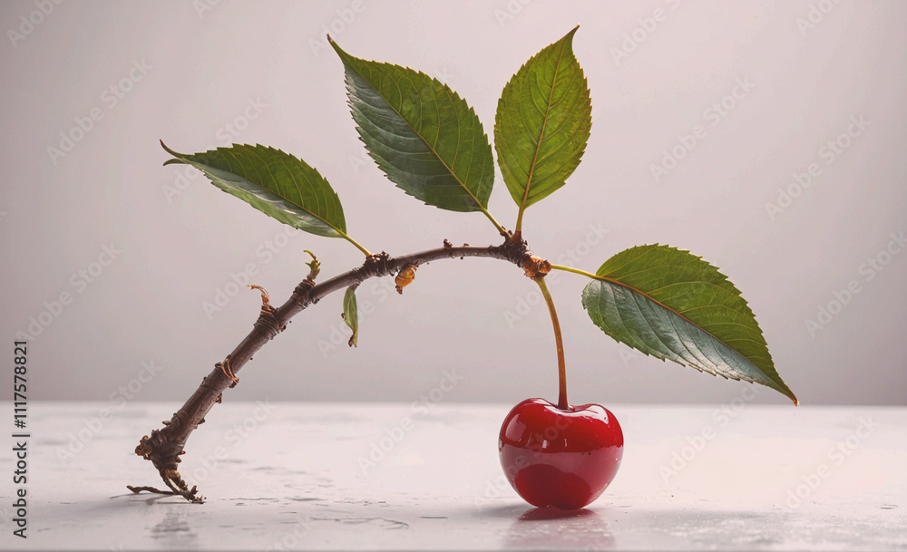 Poster cherry is sitting on a branch. the cherry is red and the branch is green. the cherry is on a white s