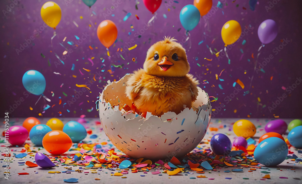 Aufkleber baby chicken is sitting in an eggshell. there are many colorful balloons scattered around the scene
