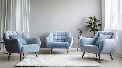 Trendy living room with soft blue armchairs, crisp white rug, and minimalistic design elements