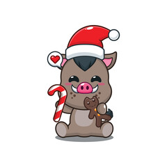 Cute boar eating christmas cookies and candy. Cartoon vector illustration in Christmas day.