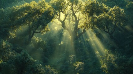 Fototapeta premium Ethereal Sunlight Streaming Through Lush Green Canopy, Creating a Magical Forest Atmosphere with Rays Illuminating the Tranquil Natural Landscape