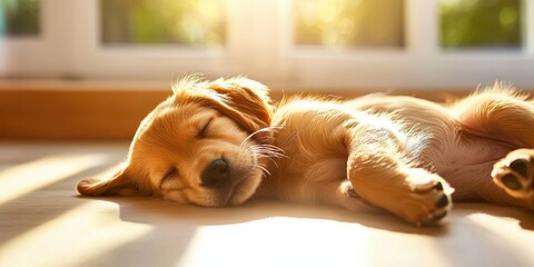 A sleeping puppy basks in warm sunlight, exuding a sense of peace and comfort in a cozy indoor setting.