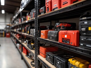 Shelves lined with power tool cases, labeled for easy identification